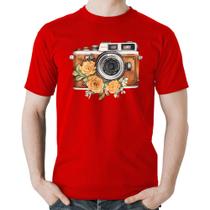 Camiseta Algodão Máquina Fotográfica Vintage e Flores - Foca na Moda