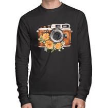 Camiseta Algodão Máquina Fotográfica Vintage e Flores Manga Longa - Foca na Moda