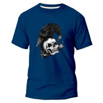 Camiseta Algodão Premium Estampa Digital Caveira Com Corvo