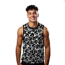 Camiseta Algodão Regata Verão Estilo Moda Praia Caveiras Cartoon Preto Black 392