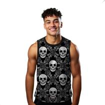 Camiseta Algodão Regata Verão Estilo Moda Praia Caveiras Flor Dark Preto 373 Camiseta Algodão Regata Verão Estilo Moda Praia Caveiras Flor Dark Preto 373