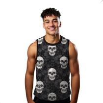 Camiseta Algodão Regata Verão Estilo Moda Praia Caveiras Flores Dark Preta 754 Camiseta Algodão Regata Verão Estilo Moda Praia Caveiras Flores Dark Preta 754