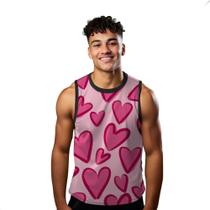 Camiseta Algodão Regata Verão Estilo Moda Praia Coração Cartoon Rosa Amor 64