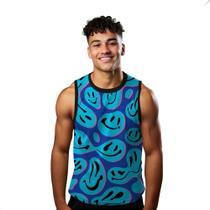 Camiseta Algodão Regata Verão Estilo Moda Praia Emoji Azul Cartoon 628