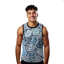 Camiseta Algodão Regata Verão Estilo Moda Praia Emoji Neon Branco Feliz 635