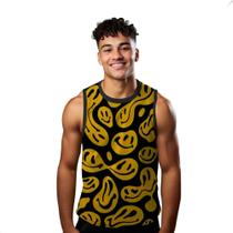 Camiseta Algodão Regata Verão Estilo Moda Praia Emojis Cartoon Amarelo Molenga 45