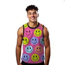 Camiseta Algodão Regata Verão Estilo Moda Praia Emojis Colorido Happy 291