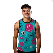 Camiseta Algodão Regata Verão Estilo Moda Praia Emojis Flores Cartoon Happy 580