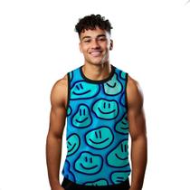 Camiseta Algodão Regata Verão Estilo Moda Praia Emojis Happy Azul 357