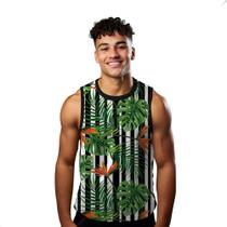 Camiseta Algodão Regata Verão Estilo Moda Praia Plantas Listras Preto 640