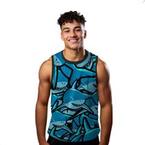Camiseta Algodão Regata Verão Estilo Moda Praia Shark Tubarão Cartoon Blue 50