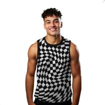 Camiseta Algodão Regata Verão Estilo Moda Praia Xadrez Preto Branco Enigma 520