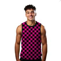 Camiseta Algodão Regata Verão Estilo Moda Praia Xadrez Rosa Preto Enigma 521