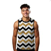 Camiseta Algodão Regata Verão Estilo Moda Praia Zig Zag Listras Dourado 589