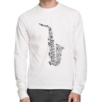 Camiseta Algodão Saxofone Notas Musicais Manga Longa - Foca na Moda