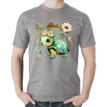 Camiseta Algodão Tartaruga, flores e chapéu - Foca na Moda