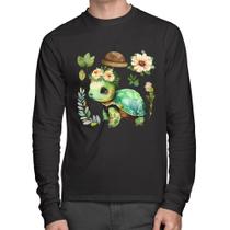 Camiseta Algodão Tartaruga, flores e chapéu Manga Longa - Foca na Moda