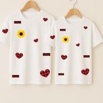 Camiseta Algodão Unissex Estampa Girassol Corações Rasgados Festa Junina Arraiá Moda Maria Chiquinha