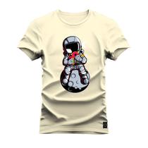 Camiseta Astronauta Luinha Estampada Algodão Confortável 30.1 Penteada