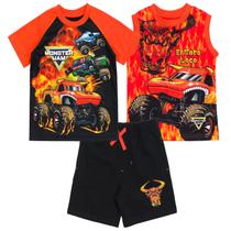 Camiseta atlética Monster Jam Grave Digger El Toro Loco Megalodon Toddler Boys Mix N' Match, camiseta regata francesa felpuda, conjunto de roupas de 3 peças, laranja/preta, 3T