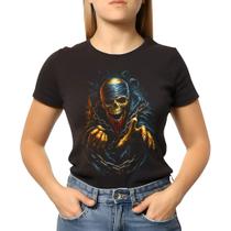 Camiseta Baby Look Adulta Halloween Caveira Tenebrosa Camiseta Baby Look Adulta Halloween Caveira Tenebrosa