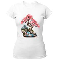 Camiseta Baby Look Bonsai de flores rosas