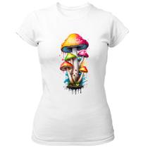 Camiseta Baby Look Cogumelos coloridos splash