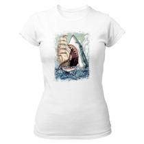 Camiseta Baby Look Divertida Megalodon Atack