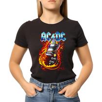 Camiseta Baby Look Feminina Acdc Guitarra Com Fogo Show