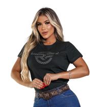 Camiseta Baby Look Feminina Manga Curta 100% Algodão Logo Strass e Silk nas Costas - Rodeo Farm