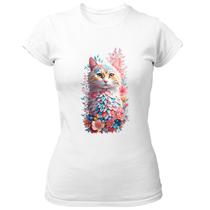 Camiseta Baby Look Gato branco com flores