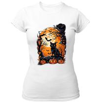 Camiseta Baby Look Gato Preto Halloween Lua Cheia