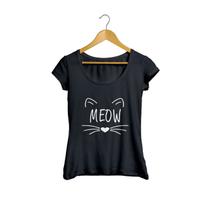 Camiseta Baby Look Meow Gato Cat Kiss feminino preto