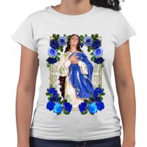 Camiseta Baby Look Nossa Senhora da Conceição Flores Azuis