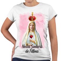 Camiseta Baby Look Nossa Senhora de Fátima Igreja Fundo Rosa
