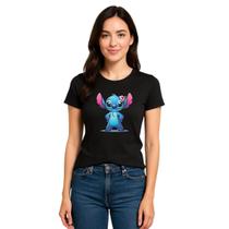 Camiseta Babylook Feminina Lilo Stich Flor Preta Branca Algodão