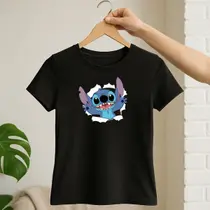Camiseta Babylook Feminina Lilo Stitch 100% Algodão Preta