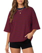 Camiseta BAIGRAM de tamanho grande com gola redonda listrada para mulheres