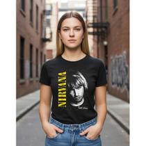 Camiseta Banda Nirvana Retrato Kurt Cobain Baby Look Camiseta Banda Nirvana Retrato Kurt Cobain Baby Look