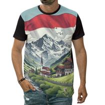 Camiseta Bandeira Da Áustria Flutuando Sobre Os Alpes Arte Camiseta Bandeira Da Áustria Flutuando Sobre Os Alpes Arte