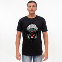Camiseta Básica 100% Algodão Estampada - Caveira com Cocar - P M G GG