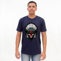 Camiseta Básica 100% Algodão Estampada - Caveira com Cocar - P M G GG