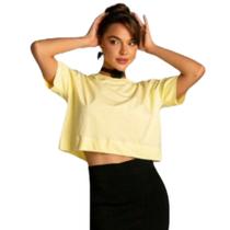Camiseta Básica De Algodão Decote T-Shirt Redondo Cropped Malha Penteada Lisa