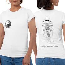 Camiseta Basica Feminina Plus Size T-shirt Estapada Fente e Costa Yin Yang e Flor de Lotus Camisa Baby Look
