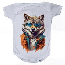 Camiseta Bebê Manga Curta Estampado Lobo Estiloso