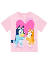 Camiseta Bluey e Bingo - Manga Curta 100% Algodão Rosa - Tamanho 4