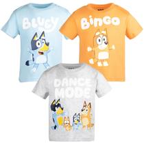 Camiseta Bluey e Bingo para Bebês - Pacote com 3 (Laranja/Azul/Cinza) - Tamanho 2T