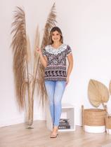 Camiseta Blusa Feminina Estampada de Manga Curta com Renda e Viscose Premium