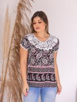 Camiseta Blusa Feminina Estampada de Manga Curta com Renda e Viscose Premium