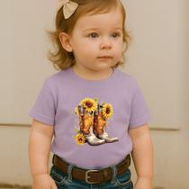 Camiseta Blusa Infantil Estampa Botas Girassóis 027 Feminina Estilosa Country Despojada Cowgirl Moda